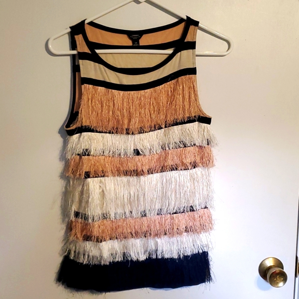 Ann Taylor women's SP black, tan & white striped fringe tank top